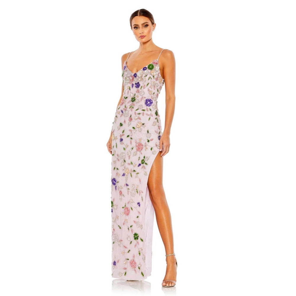 Mac Duggal Embellished Lace Sleeveless V Neck Gown side slit, sequins, beading